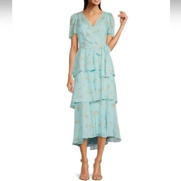 Calvin Klein Tiered Floral Pale Aqua Chiffon Boho midi  Dress size 6 women’s new - Picture 1 of 8